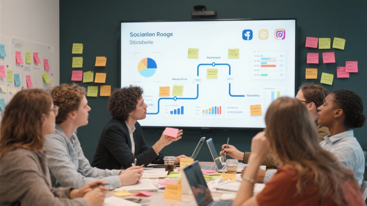 Strategic workshop in Rotterdam featuring marketing professionals collaborating over social media roadmaps, sticky notes and metrics displayed on large screen.