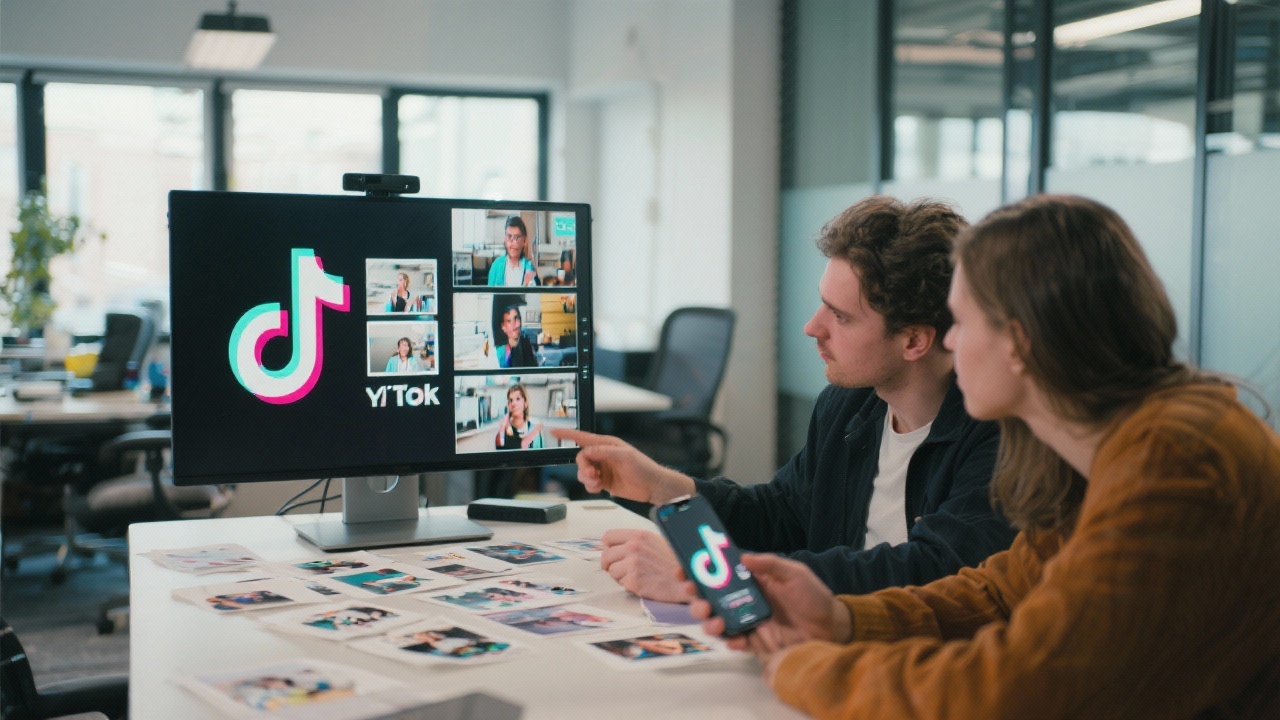 Young creative professionals reviewing TikTok campaign storyboards and mobile footage on large monitor within modern Rotterdam workspace.